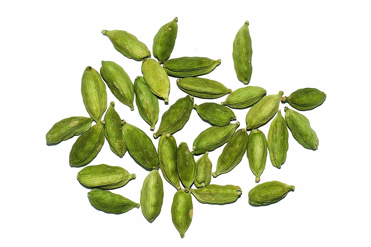 Whole dried Indonesian white cardamom pods (Amomum compactum)